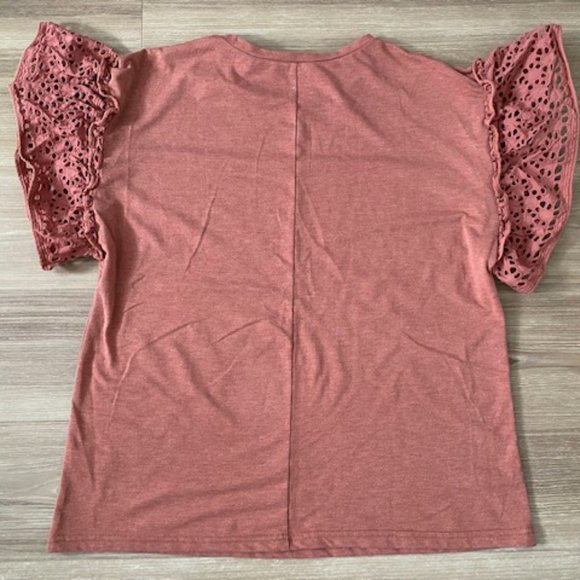 SHE + SKY WOMEN'S LACE CUT OUT FLUTTER SHORT SLEEVE SHIRT TOP - Picture 2 of 2